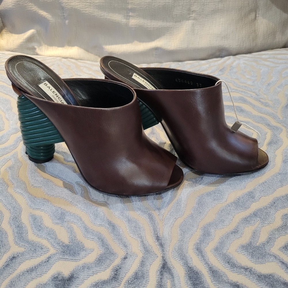 Balenciaga Dark Brown Mules with Teal Spiral Heels